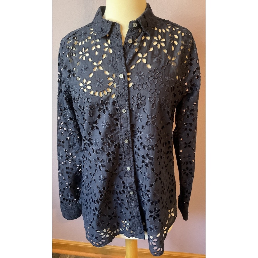 J. Crew Navy Blue‎ Cotton Eyelet Floral Button Down Cami Tank Top Blouse Size 8